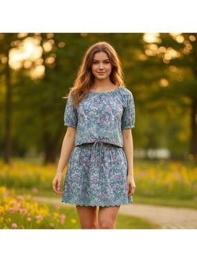 JENNIFER & Grace Top & Skirt Set Embroidered Scalloped neck Floral Size L and XL